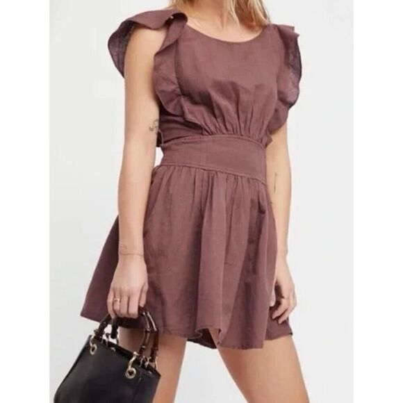 Free People brown pinafore Ruffle Sleeve Mini Linen Colette Dress size M - Picture 7 of 7